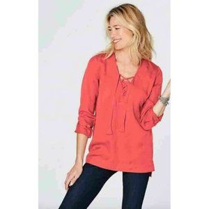 J. Jill Tencel Long Sleeve Terracotta Red Lace-Up Front Blouse Top Size …